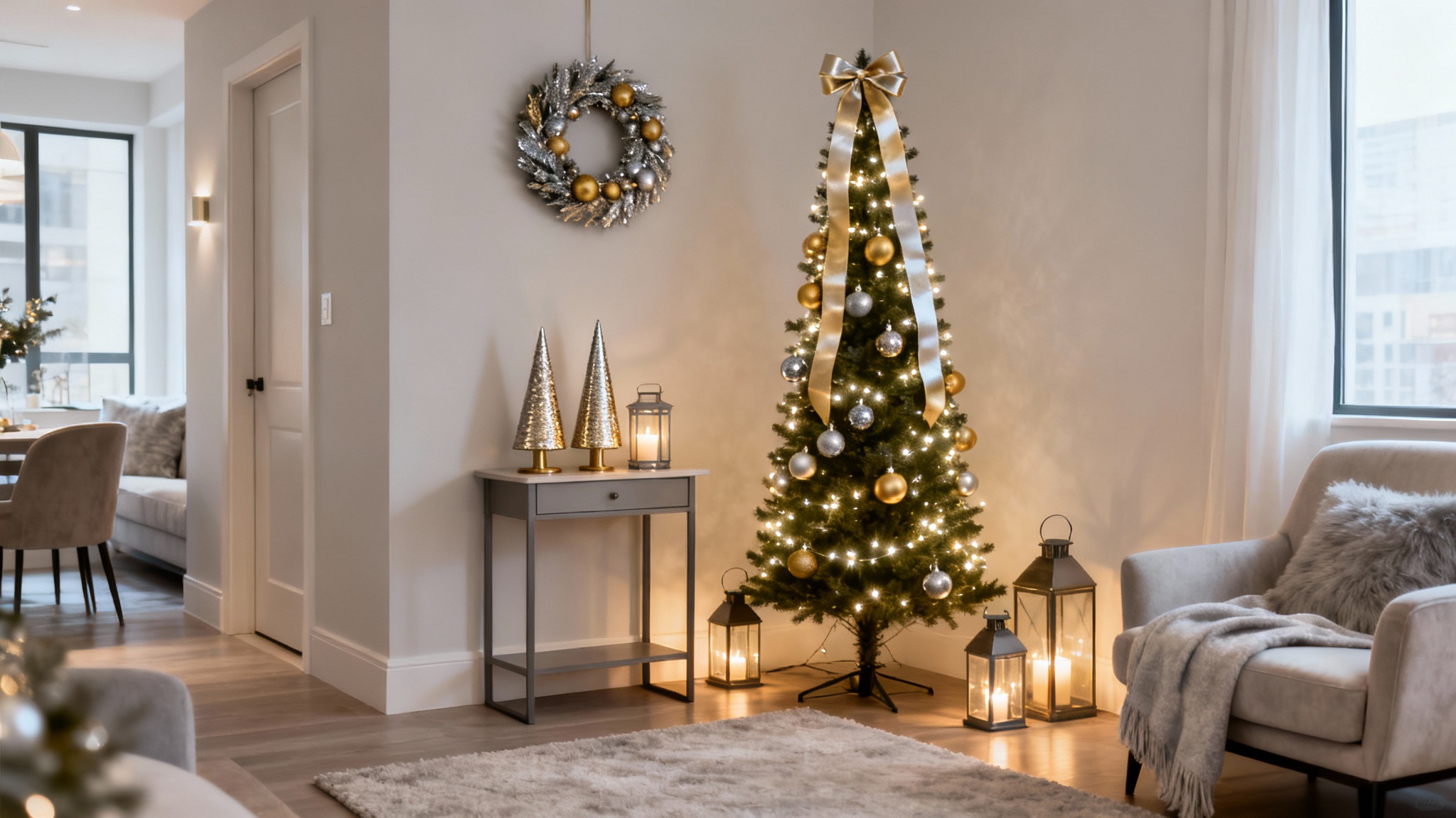 Small-space Christmas with slim tree in corner, mini wreaths, and elegant space-saving décor.
